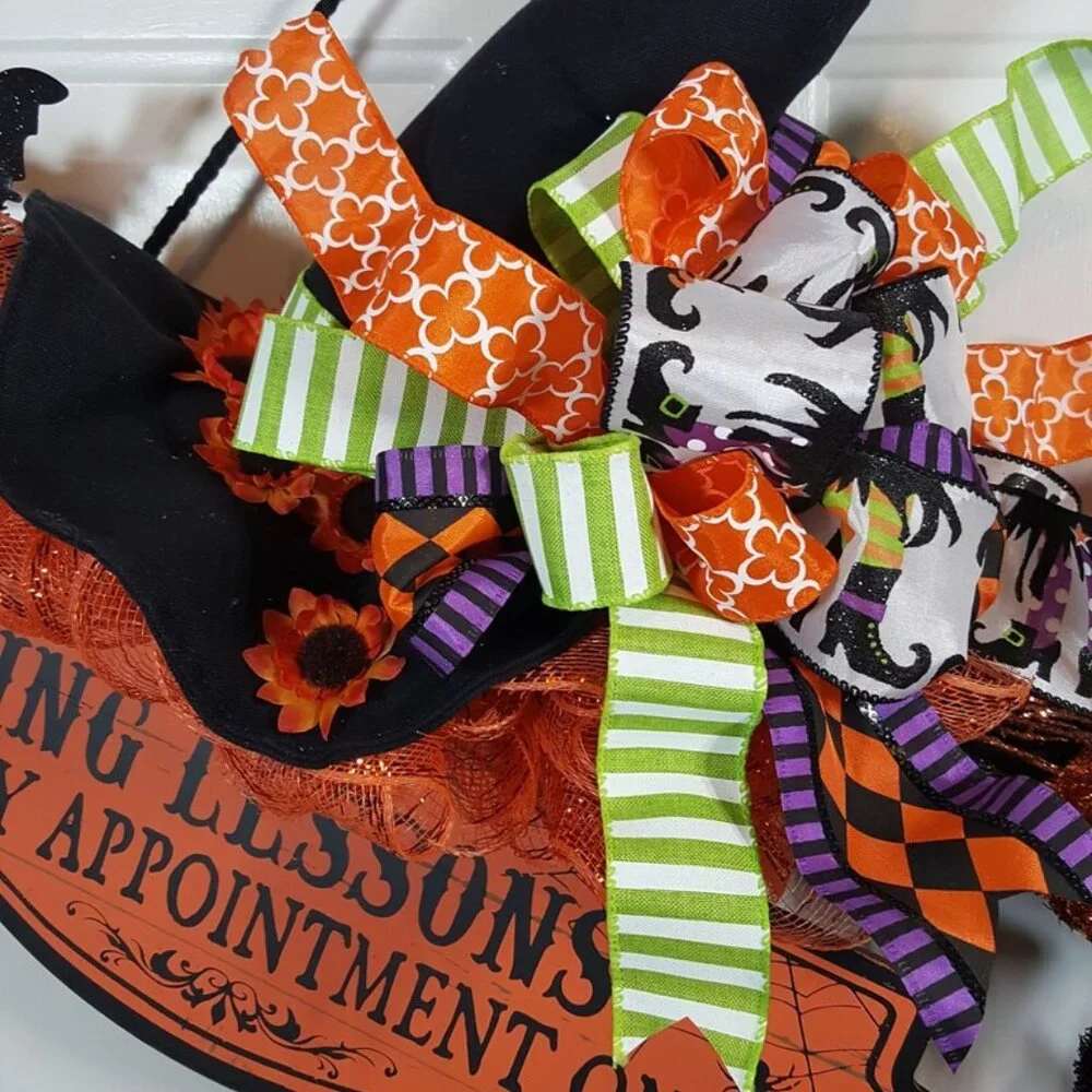 Witch's Flying Broom Stick Halloween Wreath, Flying Lesson Broom Wreath